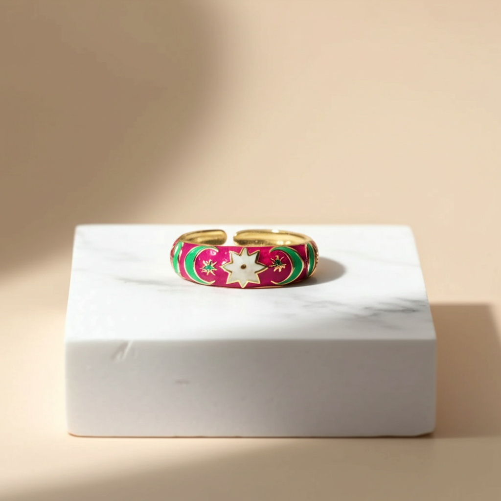 Pink enamel star and moon ring - Rings - View 3