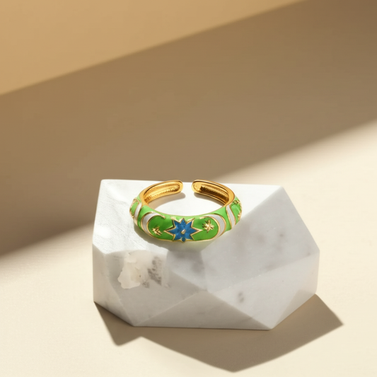 Green enamel star and moon ring - Rings - View 1