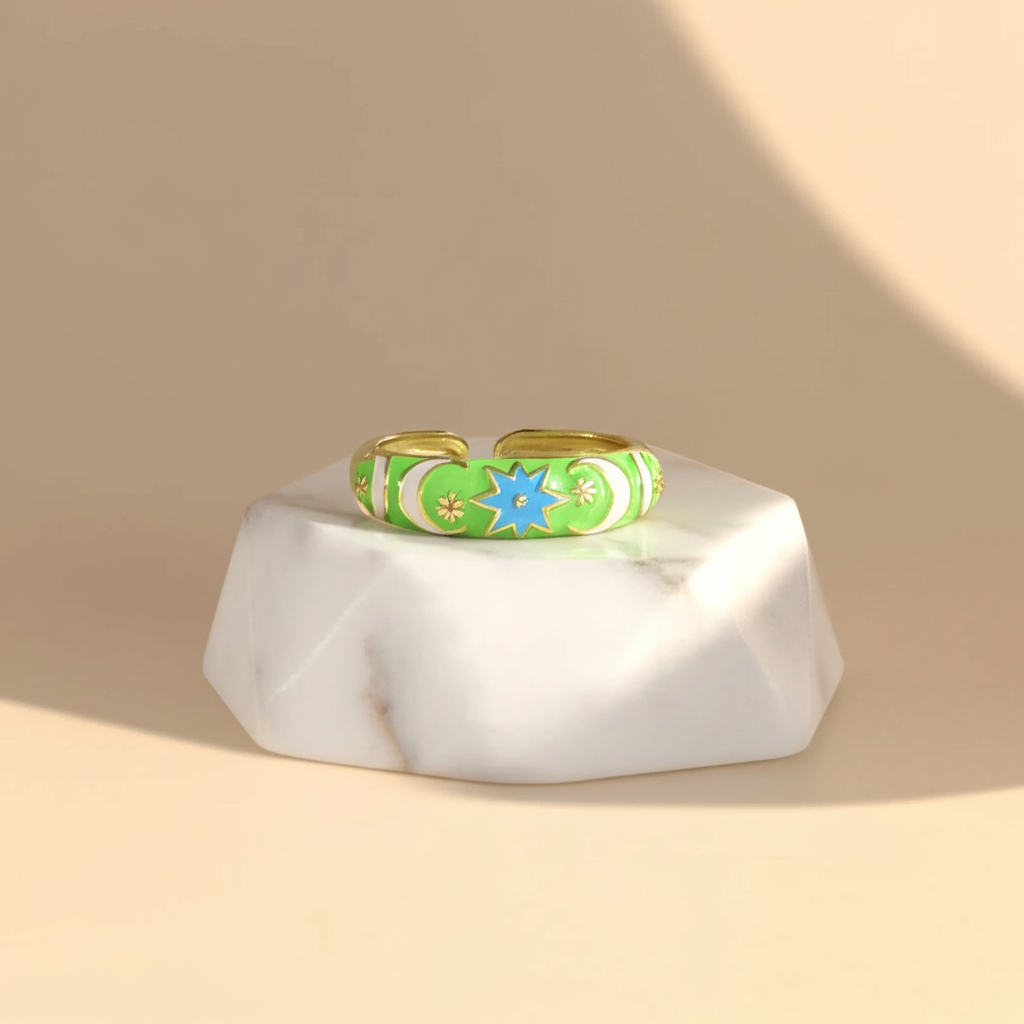 Green enamel star and moon ring - Rings - View 2