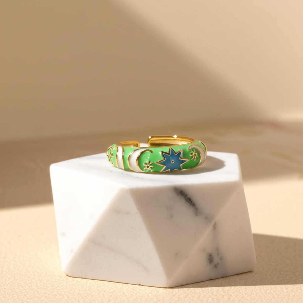 Green enamel star and moon ring - Rings - View 3