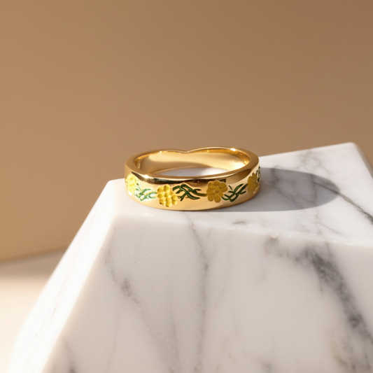 Gold tone ring with yellow flower vine  - Rings - View 1