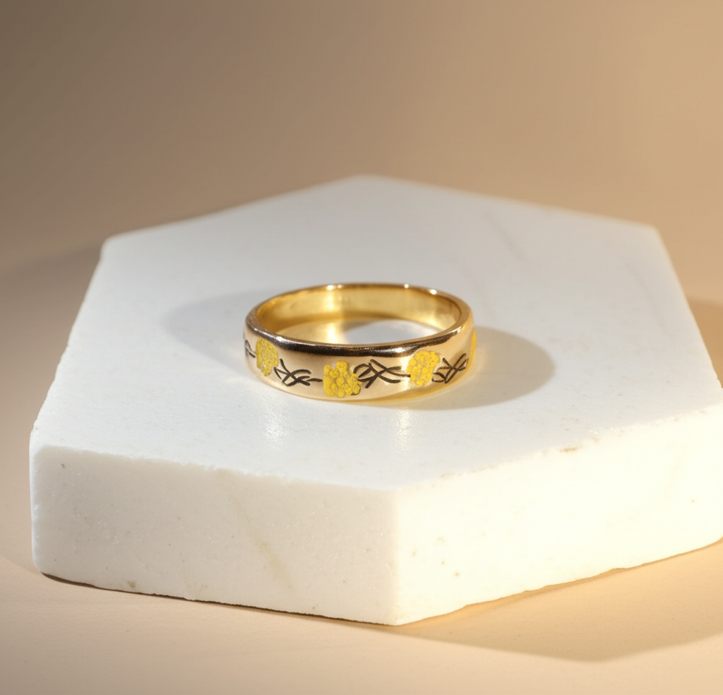 Gold tone ring with yellow flower vine  - Rings - View 2