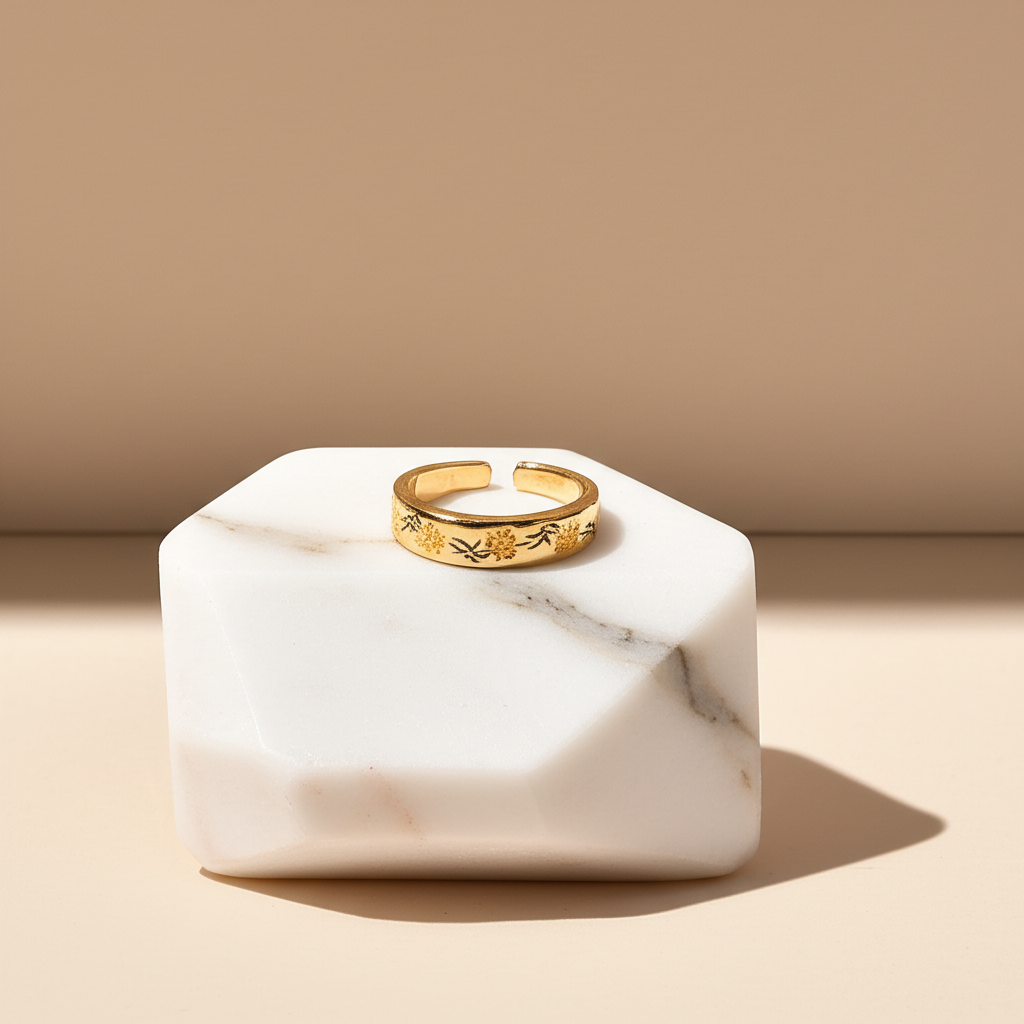 Gold tone ring with yellow flower vine  - Rings - View 4