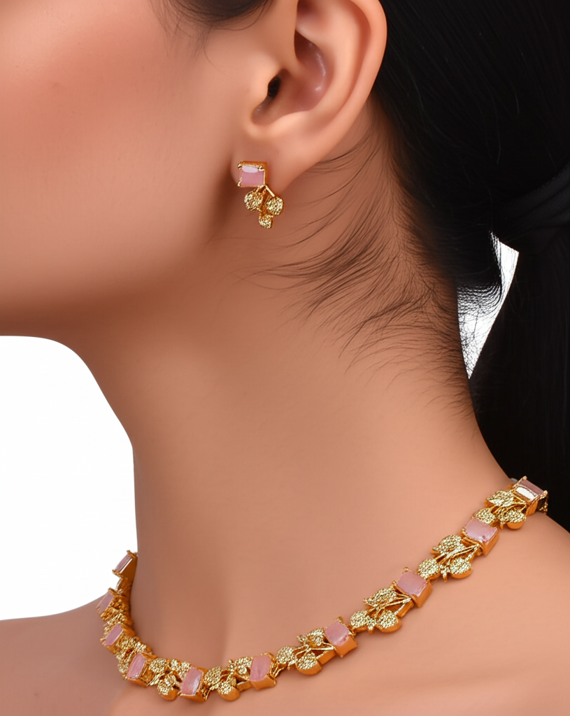 Rectangular pink crystal leafy necklace set - Necklace and earrings set - View 9