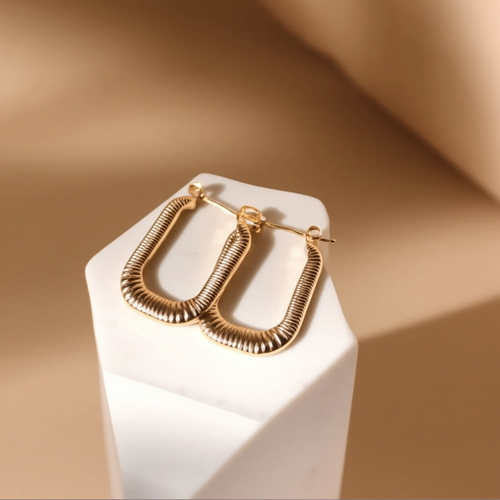 Rectangular textured gold hoop earrings  - Earrings - View 3