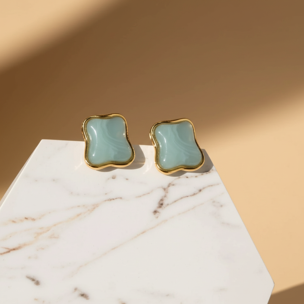 Sea blue marble finish studs - Earrings - View 5